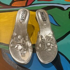 Mudd Y2K Women's Silver Slide Sandals with Polka Dots